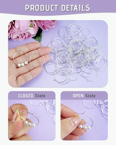 Vista 3 de JIALEEY 100 anillos de cristal de vino de 0.98 pulgadas chapados en plata de 0.98 pulgadas (0.984 in), aro de salto abierto, aretes de cuentas
