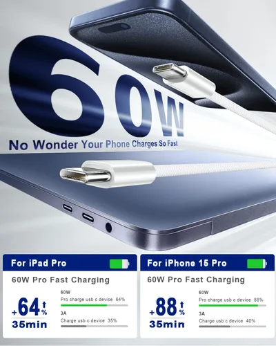 Vista 3 de Cable USB C a USB C, paquete de 2 cables USBC a USBC de 6 pies y 60 W, cargador tipo C, cable de carga rápida para iPhone 17/17 Pro Max/16 Pro