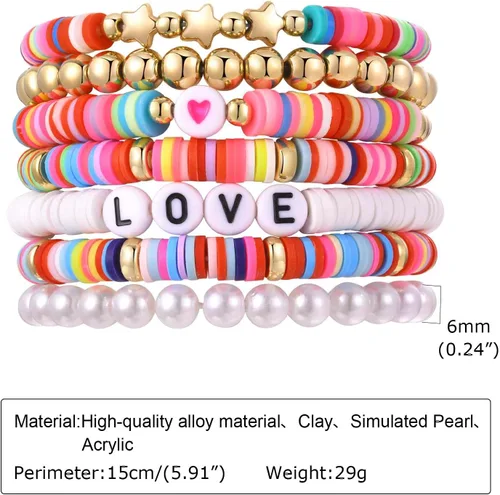 Vista 5 de Pulsera elástica de cuentas Surfer para mujer, juego de cuentas coloridas ajustables, pulseras Y2K con dije de corazón y estrella, para verano
