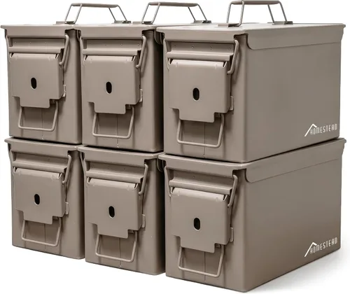 Vista 12 de HOMESTEAD Caja de Munición de Metal Calibre 50 – Paquete de 6 Cajas de Almacenamiento de Munición de Acero Militar M2A1, Contenedores de Munición