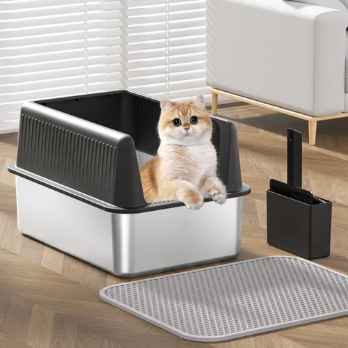 Vista 6 de Caja de arena de acero inoxidable para gatos con tapa, XL, 19.7 pulgadas de largo x 13.8 pulgadas de ancho x 11.8 pulgadas de alto, caja de arena