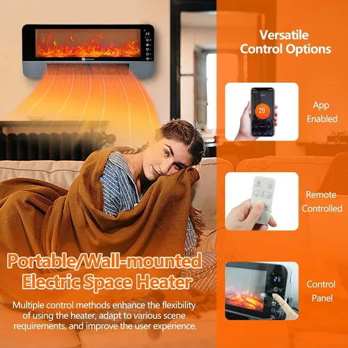 Vista 2 de Calentador de espacio, calentadores de espacio para uso en interiores, calentador de chimenea, WiFi y aplicación Tuya controlada, efecto de llama