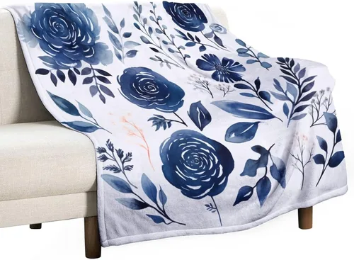 Vista 9 de Manta de flores de acuarela azul marino, bohemias, manta de acuarela floral con coronas de rosas y hojas de peonías, lujosa, cálida y acogedora