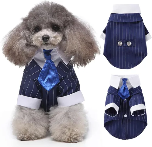 Vista 13 de DENTRUN - Traje de esmoquin para perro con corbatín - Camisa formal de disfraz para mascotas a rayas en negro y blanco, elegante atuendo de boda