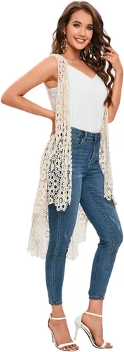 Vista 3 de Chaleco largo casual de ganchillo para mujer, ajuste holgado, con encaje, estilo bohemio, cárdigan sin mangas