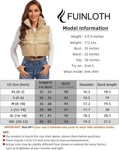 Vista 6 de Fuinloth - Chaleco con relleno, cuello alto, ligero, con cremallera, chaleco acolchado, para mujer