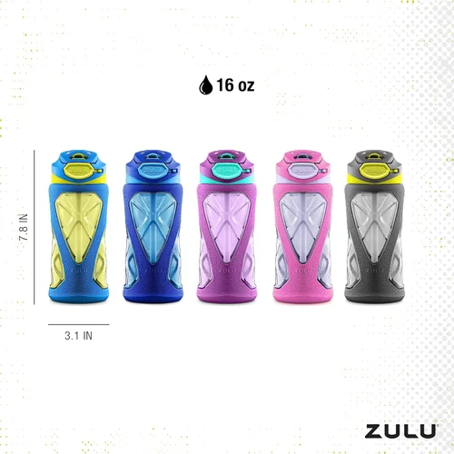 Vista 4 de ZULU Torque 16oz Plastic Kids Water Bottle with Silicone Sleeve and Leak-Proof Locking Flip Lid, Soft Touch Carry Loop for School Backpack