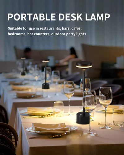 Vista 3 de PUSU Juego de lámparas de mesa inalámbricas de 2 unidades, lámpara de escritorio LED portátil con batería, luces de mesa de 3 niveles de brillo