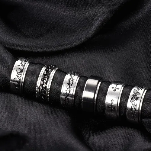 Vista 5 de FIBO STEEL Anillo giratorio de acero inoxidable para hombres y mujeres, anillos de ansiedad para aliviar el estrés de boda, anillo de promesa