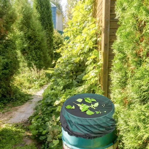 Vista 4 de Cubierta de malla para barriles de lluvia con cordón, protector de tanque de cubos de recolección de agua, cubierta de cubos de recolección de agua