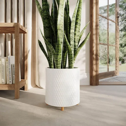 Vista 6 de EverNest Claire Modern Maceta de interior con soporte de madera, patrón blanco, 8 pulgadas, SelectBase, estilo moderno neutro de mediados de siglo