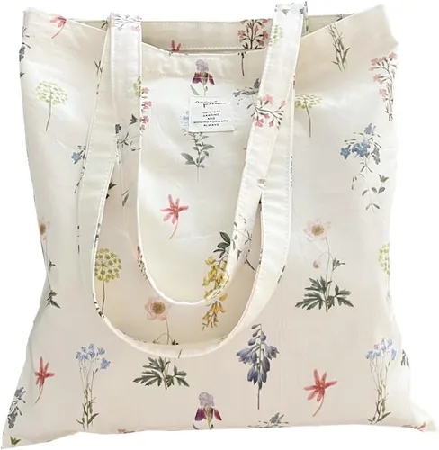 Vista 12 de Floral Canvas Tote Bag Double-Sided Printed Cloth Cotton Tote Floral Shoulder Bags for Beach Travel Shopping Grocery
