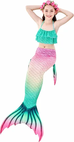 Vista 3 de Colas de sirena para nadar para niñas, 5 piezas, conjunto de traje de baño de bikini de 4 a 13 años