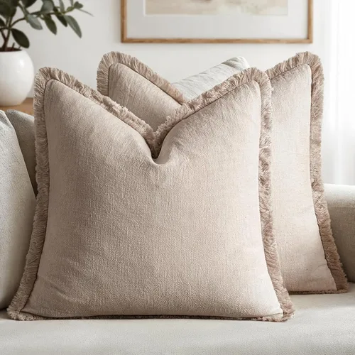 Vista 24 de MIULEE Juego de 2 fundas de almohada decorativas de lino neutro con flecos, fundas de cojín de estilo bohemio con borlas para sofá, cama, sala