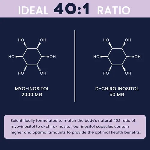 Vista 5 de Suplemento de mio-inositol y D-chiro inositol para mujeres, equilibrio hormonal y apoyo a la salud femenina, proporción ideal de 40:1 por porción