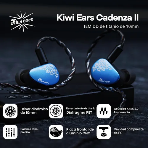 Vista 2 de Linsoul Kiwi Ears Cadenza II 10mm controlador de titanio en el monitor de oído, auriculares IEM con cable HiFi con KARS 2.0, equilibrio tonal