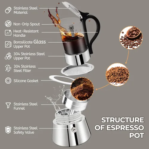 Vista 3 de Olla de vidrio transparente para 4 tazas, 7.4 fl oz, cafetera de acero inoxidable, sin recubrimiento, cafetera de café expreso, estilo italiano