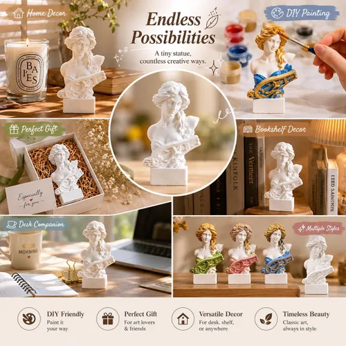 Vista 6 de Estatua de Busto de Resina de 2.95 Pulgadas Figurillas de Yeso Mini Escultura de Decoración del Hogar Blanca para Aficionados al Arte-Artemis
