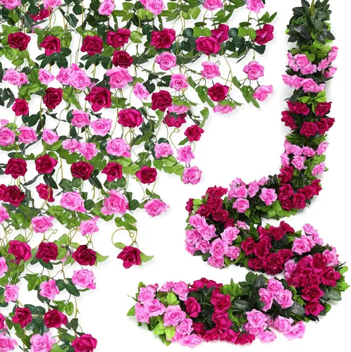 Vista 16 de Floweroyal Paquete de 2 guirnaldas de flores artificiales de 15.8 pies, flores de seda falsas de hiedra rosa para colgar en el arco de boda, fiesta