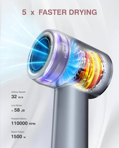 Vista 2 de Secador de pelo, 160000 rpm, secador iónico profesional de alta velocidad, 200 millones de iones negativos, control de calor y secador de pelo