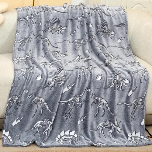 Vista 3 de Manta de dinosaurio que brilla en la oscuridad, manta de dinosaurio para niños, franela suave, regalos para amantes de los dinosaurios, mantas