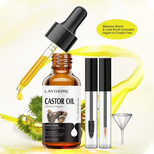 Vista 2 de Lanthome Aceite de ricino orgánico prensado en frío (1.7 onzas con kit de pestañas), aceite de ricino negro para pestañas, cejas y crema hidratante