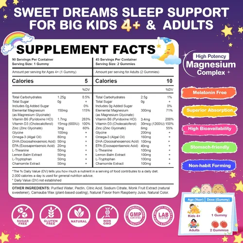 Vista 4 de Gomitas de glicinato de magnesio para niños a partir de 4 años y adultos, 90 unidades, sin melatonina, gomitas de magnesio para dormir y calmar