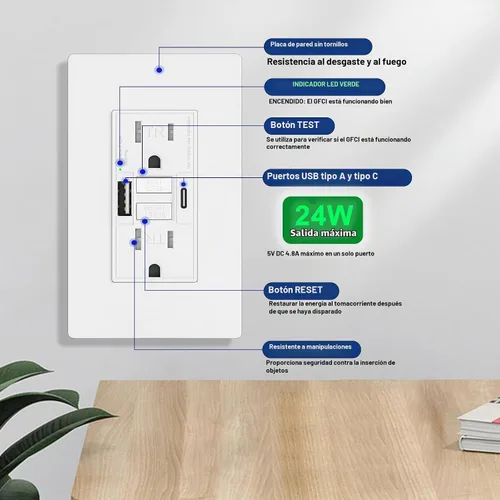 Vista 3 de Toma GFCI de 15 amperios con puertos de carga USB de 4.8 A/24 W tipo A y tipo C, autocomprobación, indicador LED, resistente a manipulaciones