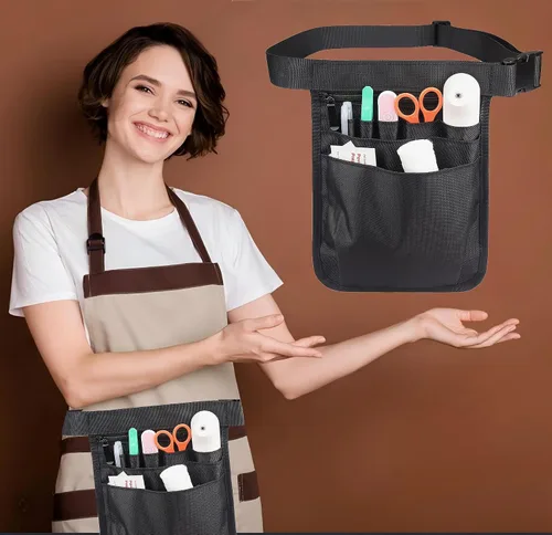Vista 5 de Delantal de trabajo multifuncional con múltiples bolsillos, correa de cintura ajustable, cómodo y fácil almacenamiento, ideal para servidores