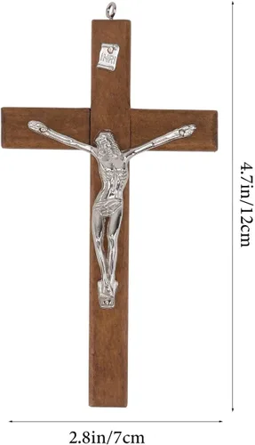 Vista 2 de BESTOYARD Arte de pared de madera, paquete de 3 – Medalla de 5 pulgadas con cruz de crucifijo pequeño y cruz católica colgante – Regalo religioso