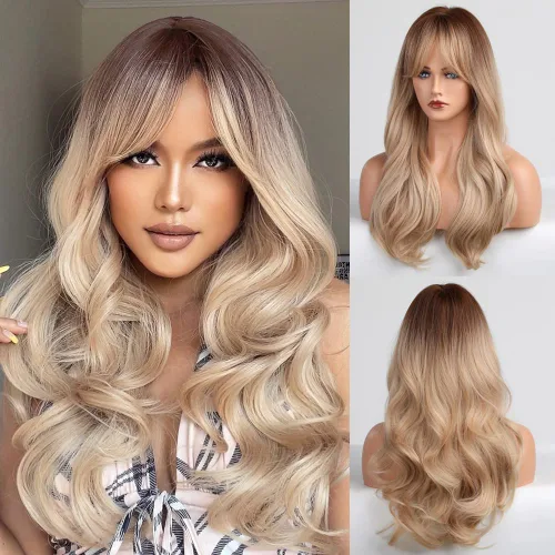 Vista 11 de HAIRCUBE Peluca larga rubia mezclada con marrón con flequillo, pelucas rizadas en capas para mujeres, pelucas sintéticas naturales para uso diario