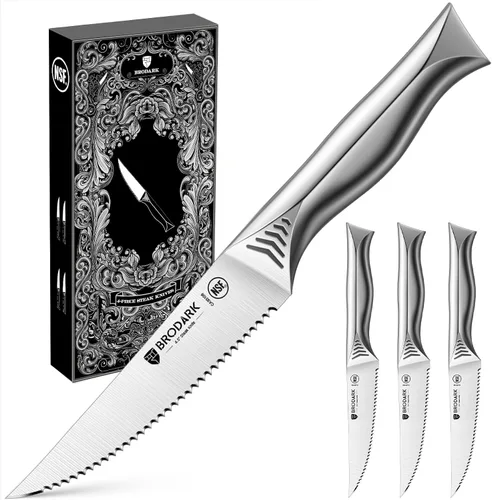 Vista 11 de BRODARK Juego de 6 cuchillos de carne dentados de 4.5 pulgadas, viene con Negro