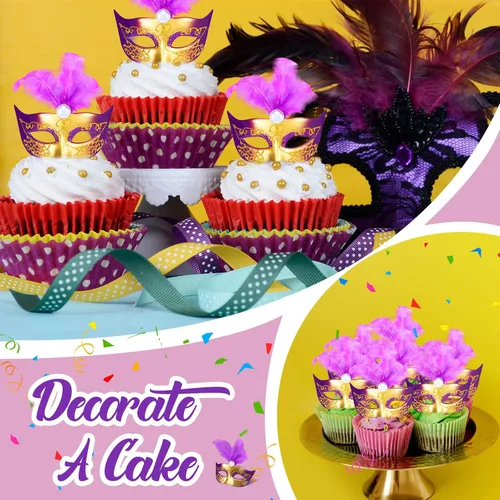 Vista 4 de 24 piezas de mini máscaras de máscaras, máscaras pequeñas para decoración de pasteles, Mardi Gras, centro de mesa veneciano para decoración