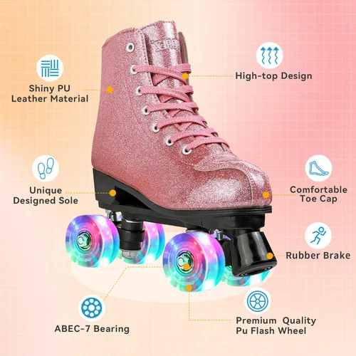 Vista 3 de XUDREZ Patines de ruedas para mujeres y hombres, de piel sintética brillante, zapatos de patinaje de alta calidad para principiantes, patines