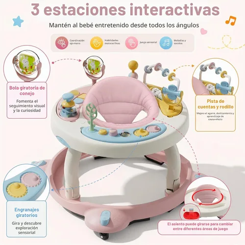 Vista 3 de Andador de bebé con ruedas, andador plegable para bebés de 6 a 12 meses, asiento giratorio de 3 posiciones con centro de actividad interactivo Rosa