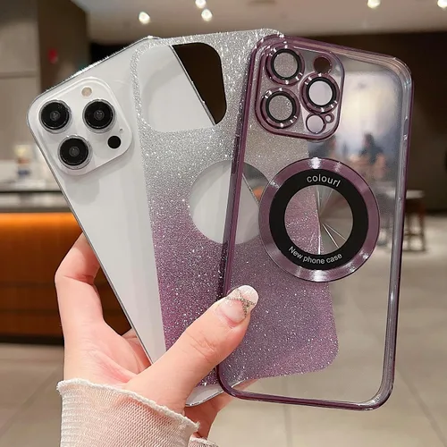 Vista 3 de Funda magnética con purpurina para iPhone 13 Pro Max, compatible con MagSafe con protector de cámara, logotipo suave, de lujo, linda, para mujeres