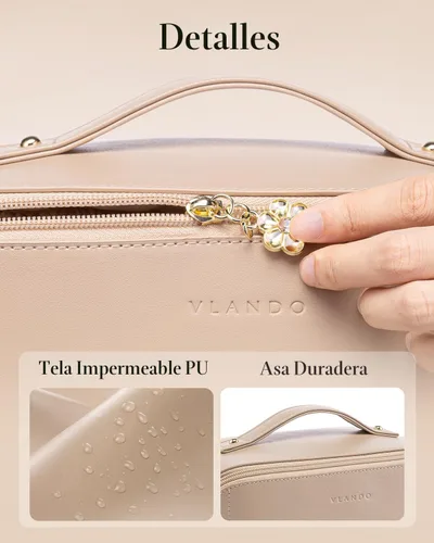 Vista 4 de Vlando Bolsa de maquillaje de viaje, neceser para mujer, piel sintética, abierta, plana, bolsa de maquillaje, Clásico elegante