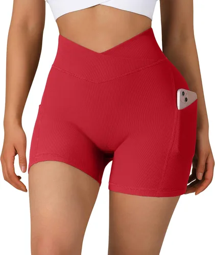 Vista 5 de OMKAGI Pantalones cortos de entrenamiento con cintura en V para mujer, con bolsillos, 4 pulgadas, acanalados, sin costuras, cintura alta, pantalones