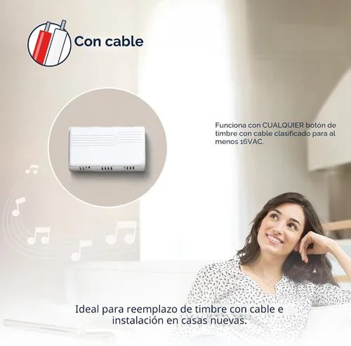 Vista 2 de Heath Zenith Timbre mecánico con cable para puerta, blanco, plástico, con cable, 2 melodías, vertical, horizontal, 80 dB, botón no incluido