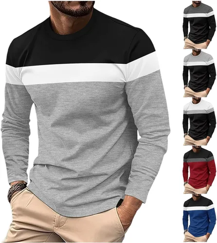 Vista 4 de Camiseta de manga larga para hombre, clásica, casual, cuello redondo, bloque de color, ajuste relajado