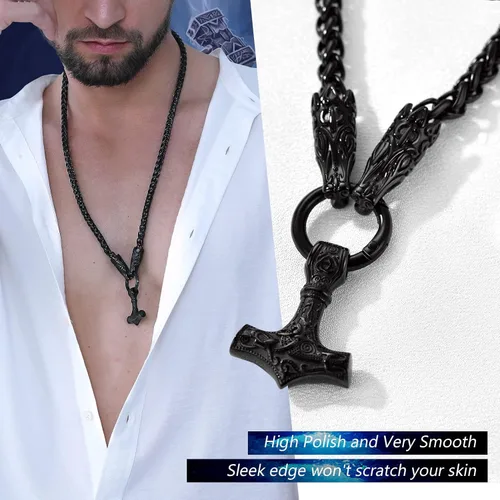 Vista 5 de PROSTEEL Thor Hammer/Thor Axe/Raven/Odin Necklace for Men Women Negro