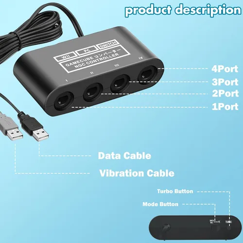 Vista 3 de CLOUDREAM Gamecube - Adaptador de controlador para Switch Gamecube Wii U y PC Super Smash Bros Choice compatible con cuatro controles Gamecube