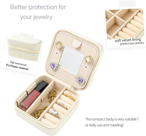 Vista 5 de KElofoN Joyero de viaje, joyero de viaje, organizador de joyas de viaje, caja organizadora de joyas pequeña para niñas y mujeres con espejo