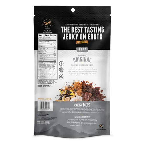 Vista 2 de Perky Jerky Carne seca original 100% alimentada con pasto, 14 onzas, libre de antibióticos, 0.35 onzas de proteína por porción, baja en grasa, hecha