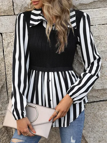 Vista 6 de WDIRARA Blusa de manga larga con botones y estampado a rayas para mujer 2 en 1