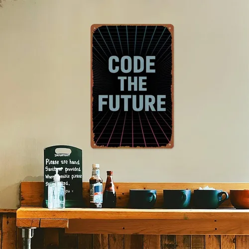 Vista 5 de Code The Future Sign With Retro Wave Lines Gradient Colors Synthwave Aesthetic Aluminum Metal Sign Posters 8x12 Inch For Living Room Bedroom