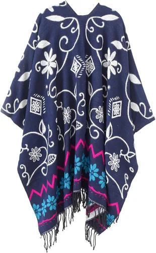 Vista 4 de Poncho con flecos, con estampado vintage, estilo retro, a la moda, para mujer. Capa, chal.