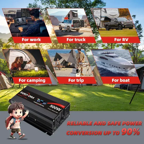 Vista 7 de Inversor de corriente para automóvil de 500 vatios, 12 V CC a 110 V/120 V, convertidor de CA de 1000 W pico con pantalla LCD, 2 salidas de CA y PD
