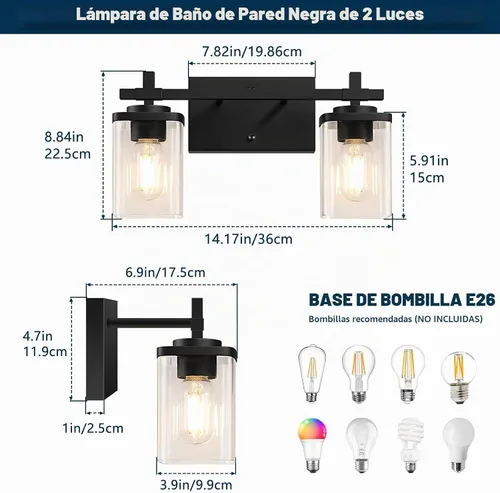 Vista 2 de 2 luces de tocador de baño, accesorios de luz de tocador negro mate sobre espejo, apliques de pared modernos con pantalla de vidrio transparente