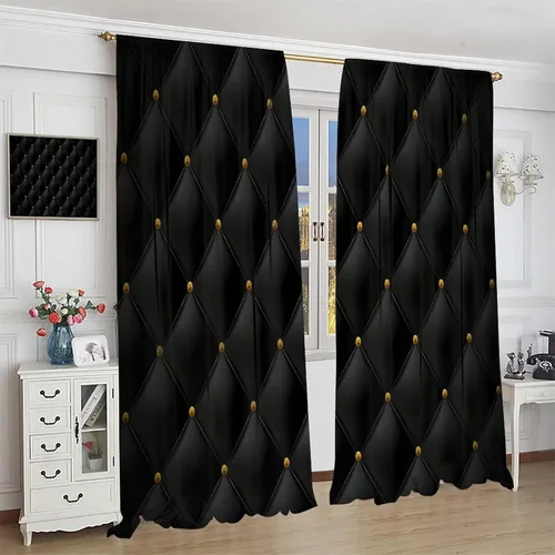 Vista 57 de Cortinas Negras con Dobladillo Dorado, Cortinas Opacas con Bolsillo para Barra con Estampado de Rayas de Foil en Onda Dorada para Decoración de Negro